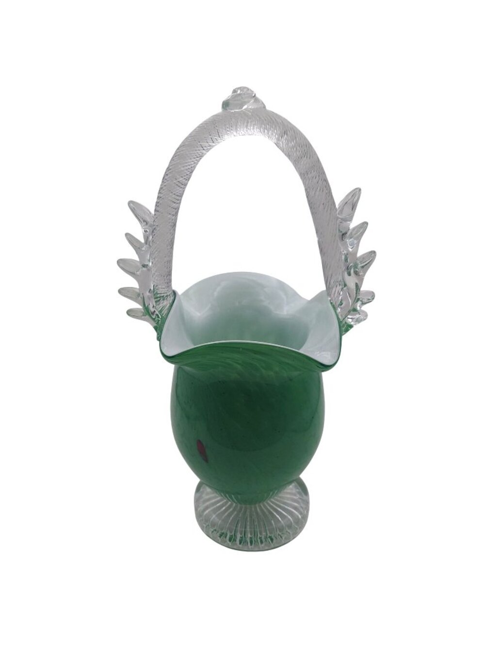 Hand Blown Art Glass Basket Green Swirl Cased Vase Clear Applied Handles Vintage